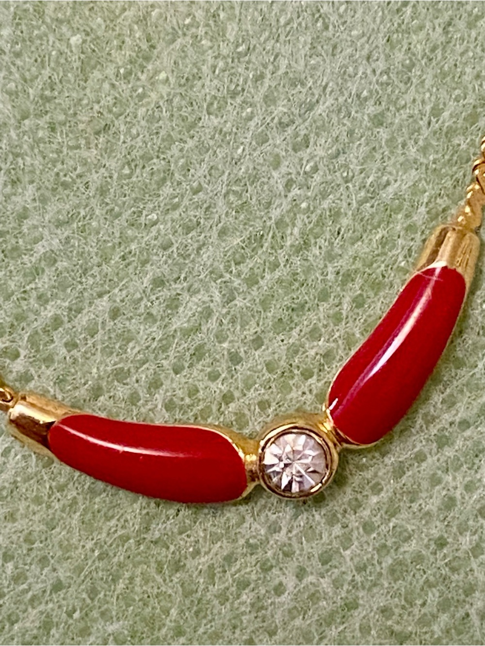 Gold tone Chain Necklace with Red Enamel Accents and Crystal - Picture 4 of 5